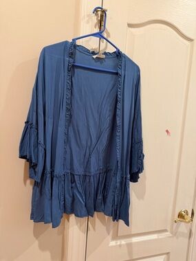 easel Slate Blue Ruffle-Neck Blouse